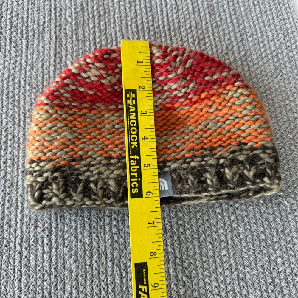The North Face Red Orange Stripe Beanie Knit Hat Fleece Lining
